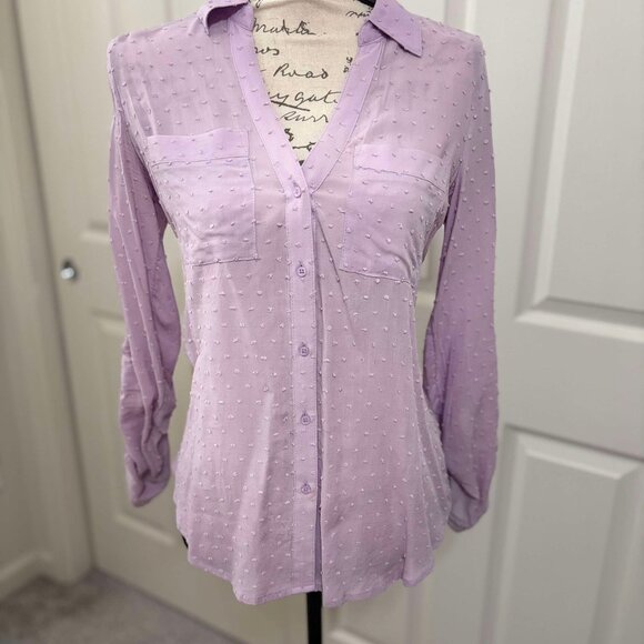 Women's Sheer Lavender Button-Up Blouse with Raised Hearts & Long-Sleeves - Picture 8 of 8